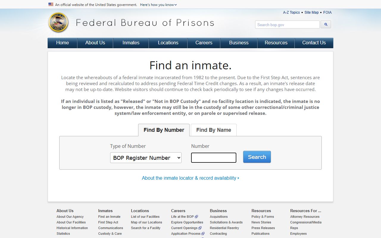 Federal Bureau of Prisons inmate locator with number and name search paths