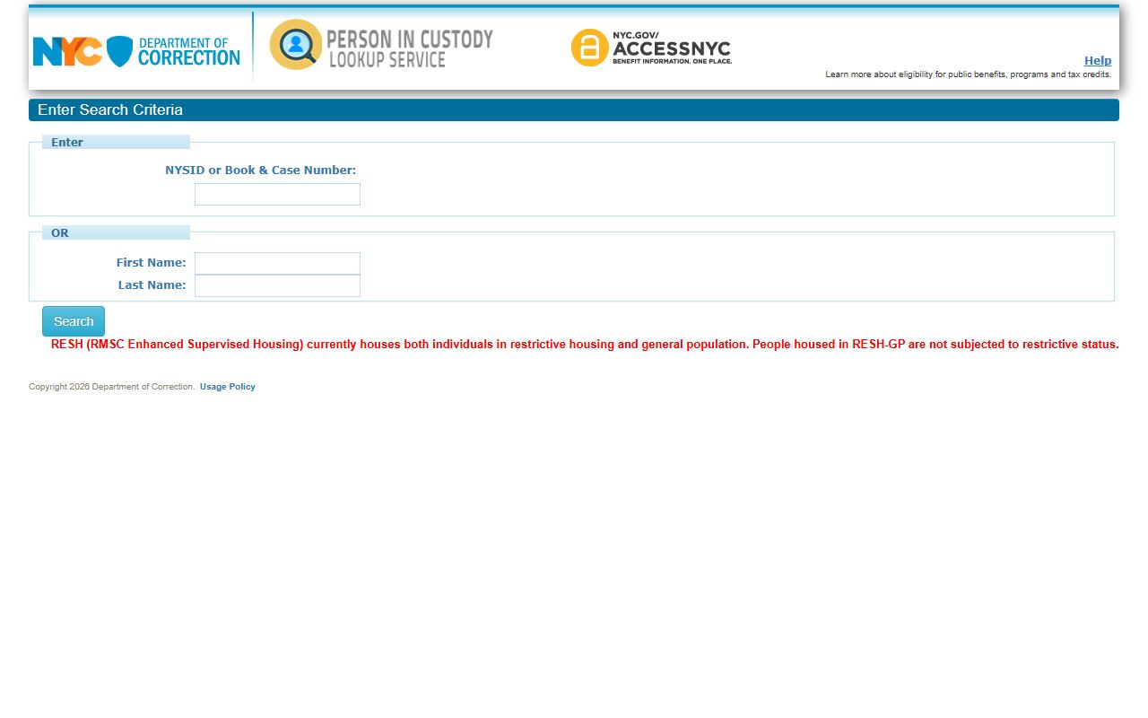 NYC DOC Person in Custody Lookup search fields for NYSID, Book and Case Number, first name, and last name